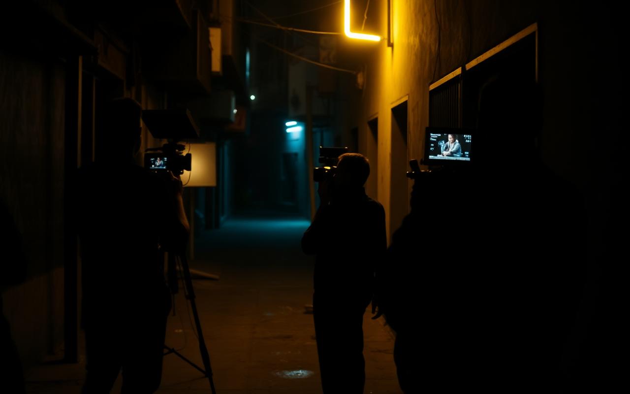 Set de filmagem noturno em beco urbano